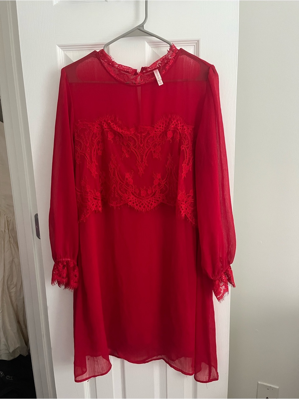 Red Lace Yoke Pleated Long Sleeve dress  by Xhilaration